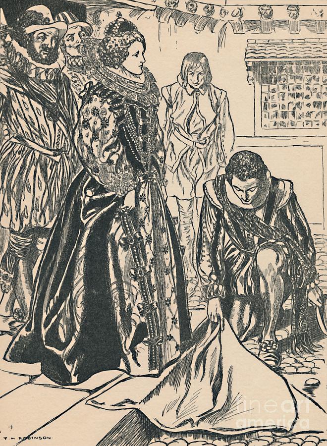 Raleigh Spreads His Cloak Drawing by Print Collector Raleigh Spreads His Cloak Drawing by Print Collector