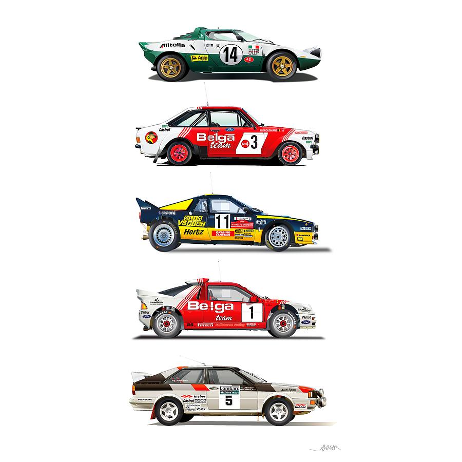 Rally car Illustration from the 70-80th Drawing by Alain Jamar
