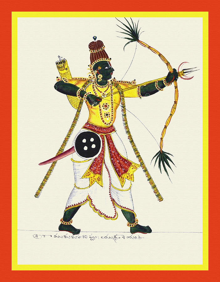 Rama, poised to shoot his crescent tipped arrow Painting by Unknown