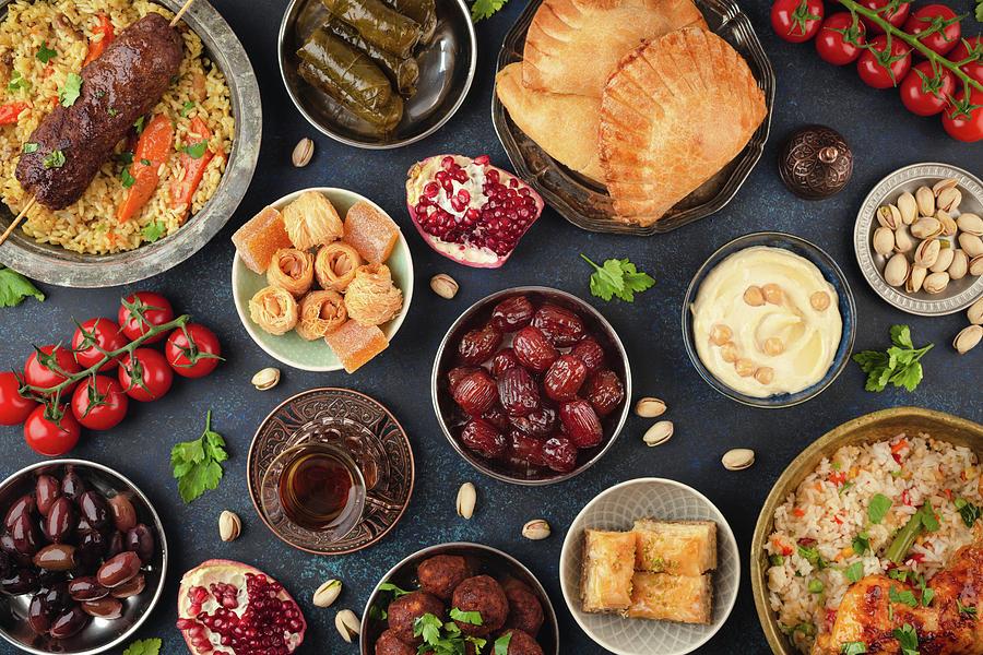 Ramadan Kareem Iftar Party Table With Assorted Festive Traditional Arab Dishes, Sweets, Dates Photograph by Olena Yeromenko