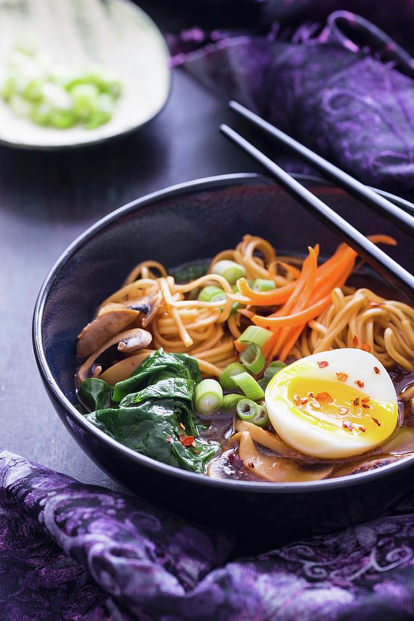 Ramen Noodle Soup With Beef, Vegetables And Boiled Egg asia Photograph by Aniko Takacs
