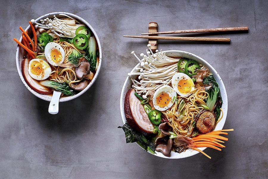 Ramen Noodle Soup With Mushrooms, Vegetables, Pork Belly And Egg japan Photograph by Fred + Elliott  Photography