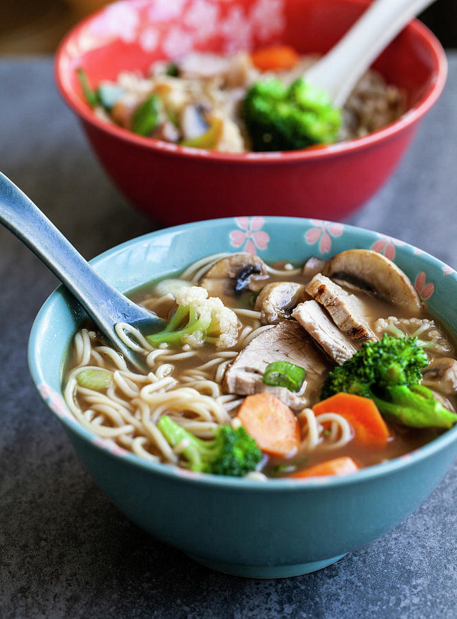 Cabbage Photograph - Ramen With Pork, Mushrooms, Broccoli, Carrots, Cauliflower And Green Onions japan by Ryla Campbell