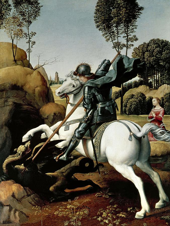 Raphael Painting - RAPHAEL Saint George and the Dragon. Date/Period Ca. 1506. Painting. Oil on panel. by Raphael -1483-1520-