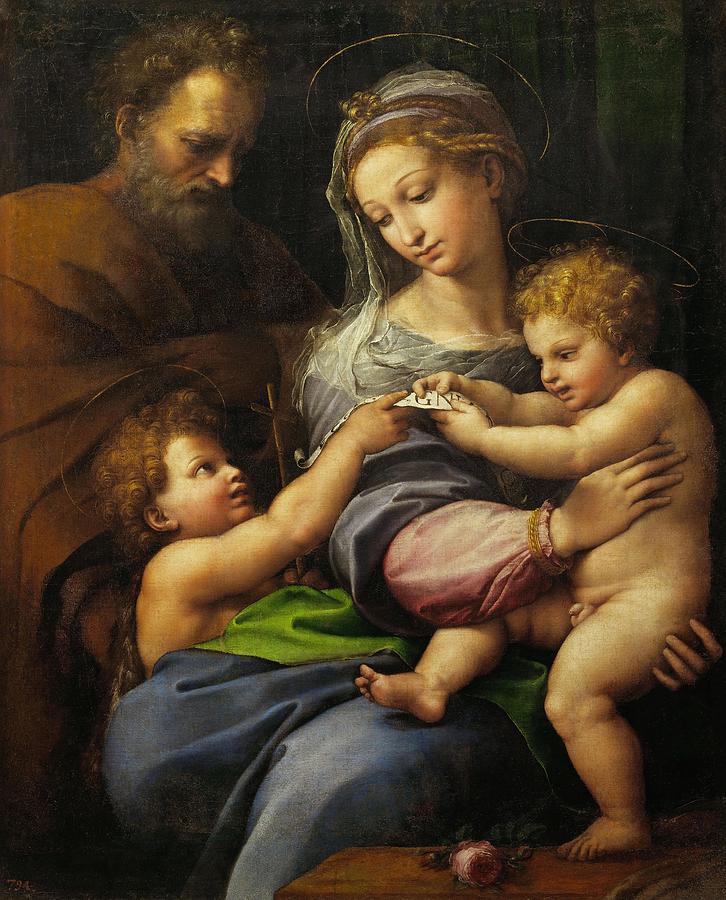 Raphael / The Holy Family with little Saint John, or The Virgin with a Rose, c. 1516. JESUS. Painting by Raphael -1483-1520-