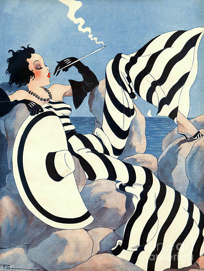 Rare Painting - Rare French Art Deco Woman Haute Couture Fashion by Tina Lavoie