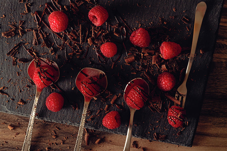 Raspberries in chocolate Photograph by Hanna Tor