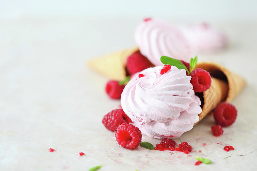 Raspberries Marshmallows zefir With Mint In Waffle Cones Photograph by Lana Konat