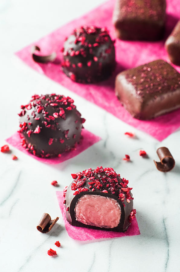 Raspberry And Chocolate Pralines Photograph by Giulia Verdinelli Photography