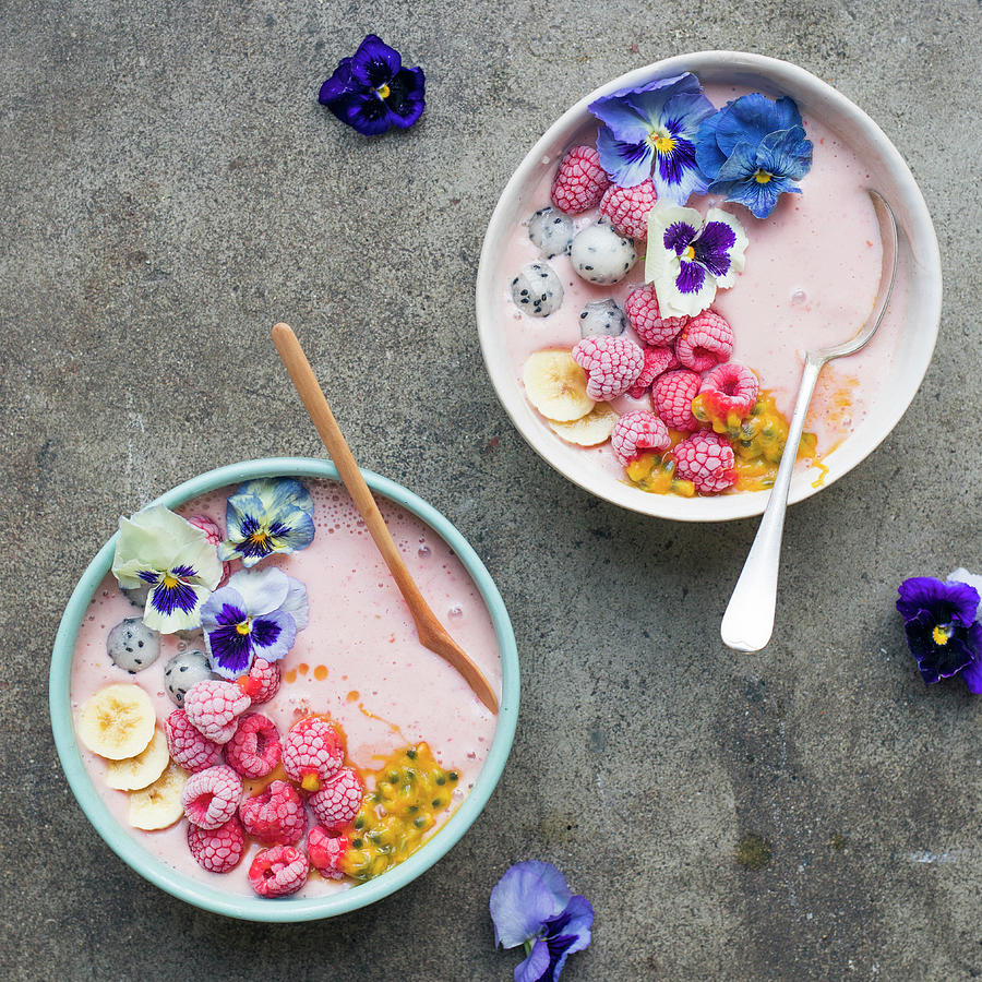 Raspberry And Flower Pink Smoothie Bowls Photograph by Velsberg