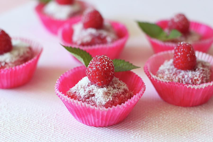 Raspberry And Sponge Squares With Grated Coconut Photograph by Barbara Djassemi