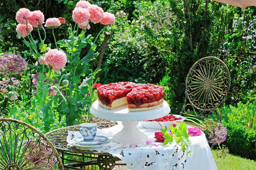 Raspberry Cake On A Cake Stand In A Summer Garden Photograph by Ursula Sonnenberg