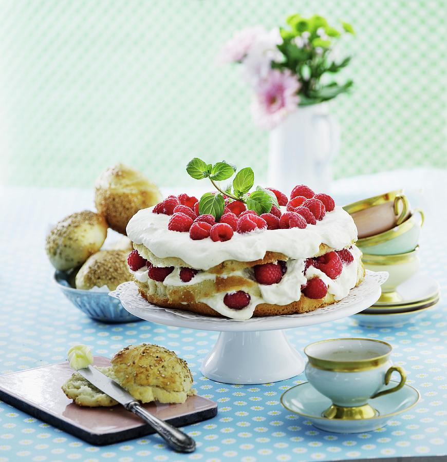 Raspberry Cake With Vanilla Quark Cream On A Cake Stand Photograph by Mikkel Adsbl
