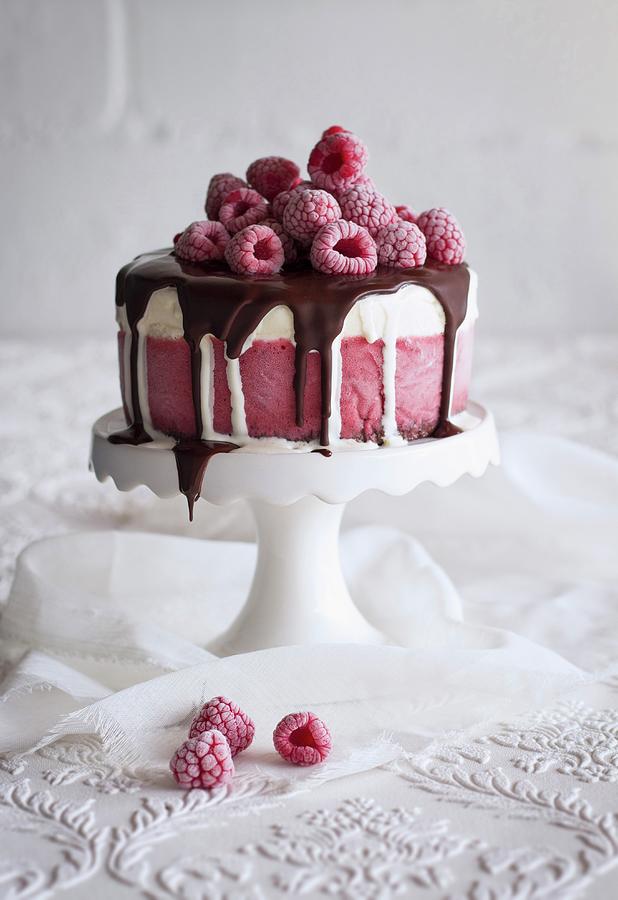 Raspberry Ice Cream Cake With Chocolate Glaze Photograph by The Kate Tin