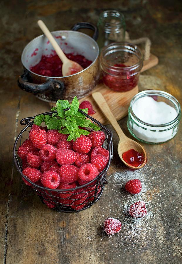 Raspberry Jam, Fresh Raspberries, Sugar, And Mint Photograph by Olimpia Davies