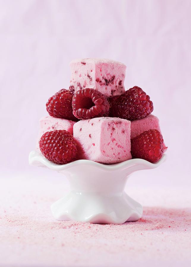 Raspberry Marshmallow Cubes With Fresh Raspberries On A Mini Cake Stand Photograph by Jane Saunders