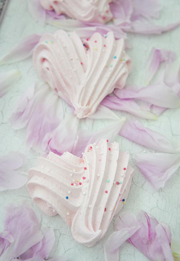 Raspberry Meringue Hearts With Sugar Pearls Photograph by Martina Schindler