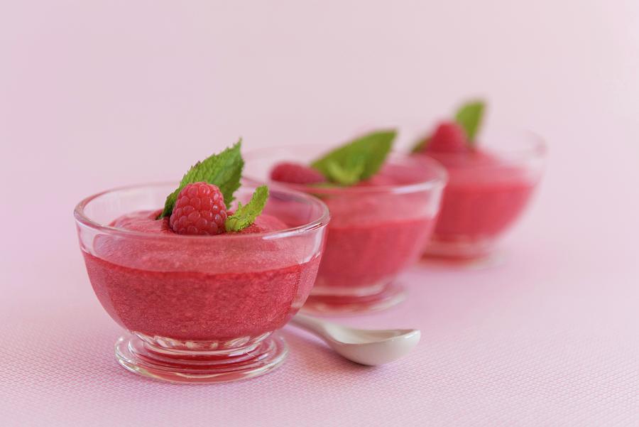 Raspberry Mousse In Glass Bowls Photograph by Sonia Chatelain