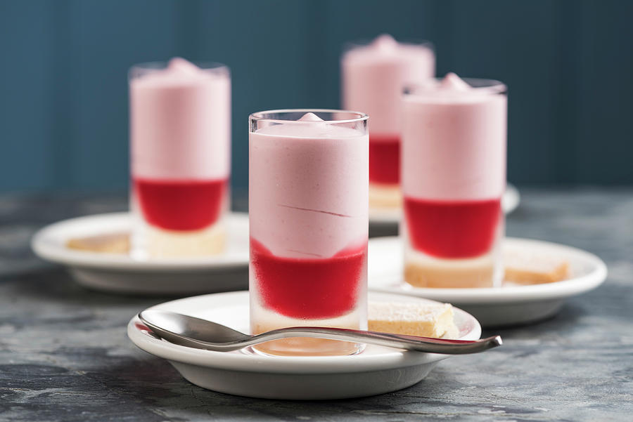 Raspberry Mousse Served In Glasses Photograph by Russel Brown
