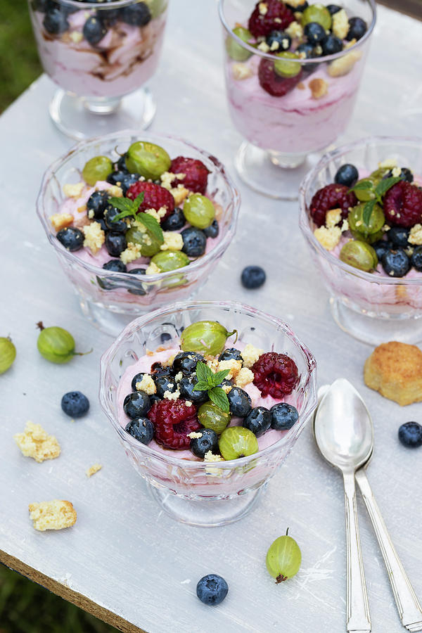Raspberry Mousse With Mascarpone, Served With Summer Fruits Photograph by Zuzanna Ploch