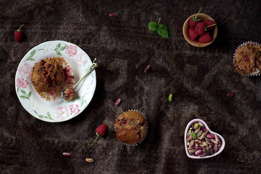 Raspberry Muffins With Pistachios view From Above Photograph by Chaudron Pastel