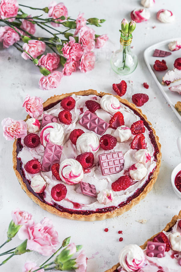 Raspberry Tart With Mascarpone, Ruby Chocolate And Meringues Photograph by Diana Kowalczyk