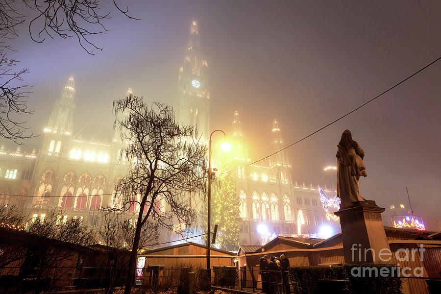 Rathaus Christmas Fog at Night Vienna Photograph by John Rizzuto