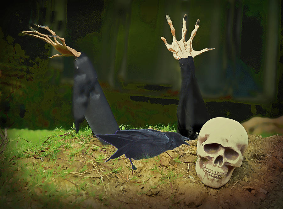 Raven Checking Out Skeleton Rising from the Dead Digital Art by Linda Brody