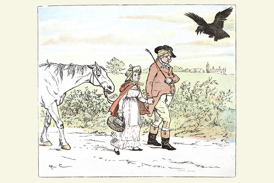 Raven laughs as the Farmer and his daughter able away bandaged Painting by Randolph Caldecott