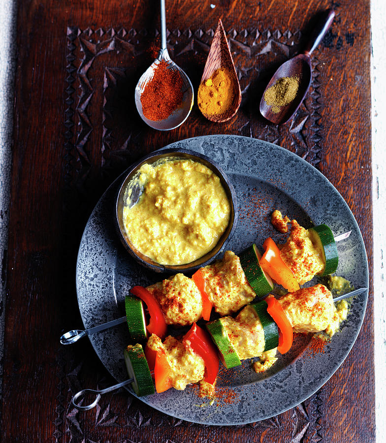 Raw Chicken Kebabs With Marinade, Zucchini, Peppers And Spices Photograph by Karen Thomas