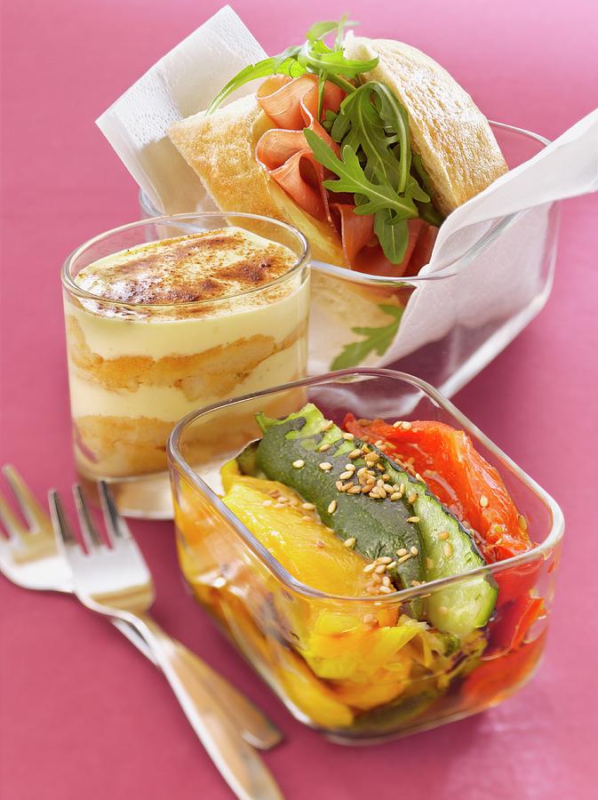 Raw Ham And Rocket Lettuce Ciabatta Sandwich, Antipasti And Tiramisu Photograph by Studio