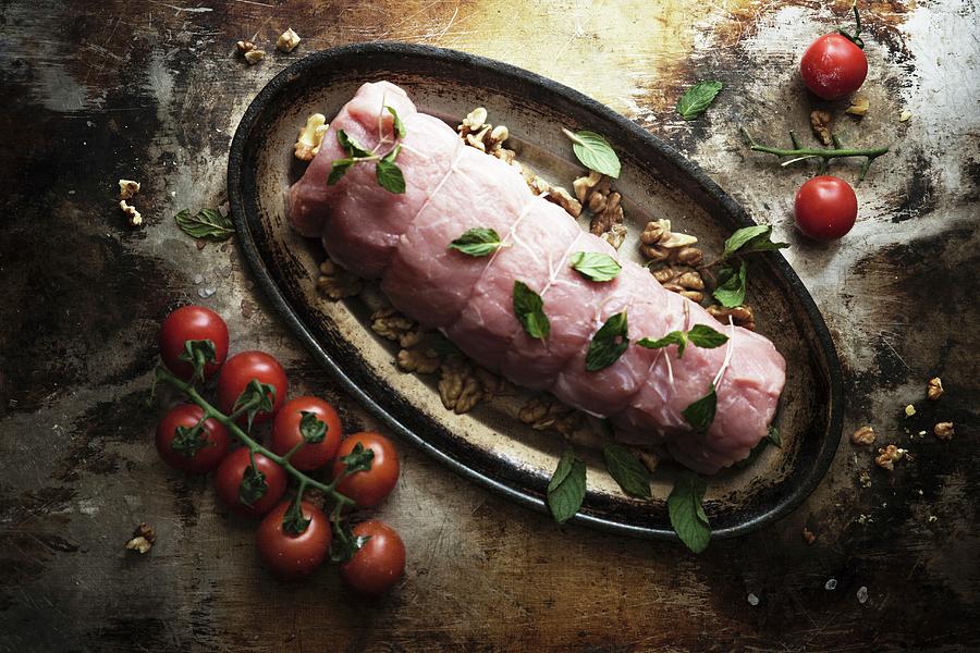 Raw Pork Fillet With Mushrooms And Tomatoes Photograph by Galya Ivanova