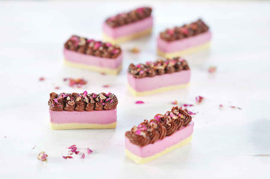 Raw Raspberry And Hazelnut Slices, Sprinkled With Cocoa Nibs And Rose Petals vegan Photograph by B.b.s Bakery