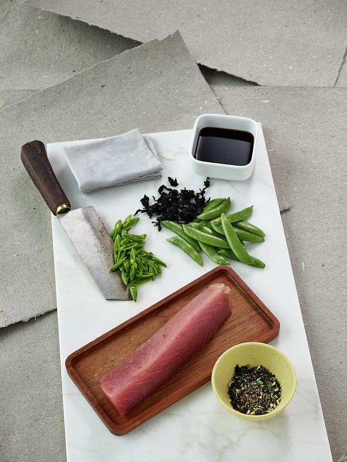 Raw Tuna, Sugar Snap Peas, Soya Sauce And Spices Photograph by Julia Hildebrand