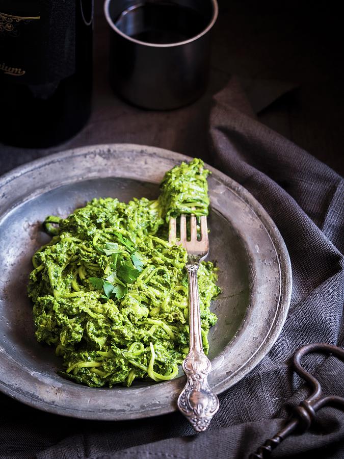 Raw Vegan Zucchini Pasta With Green Pesto Photograph by Magdalena Paluchowska