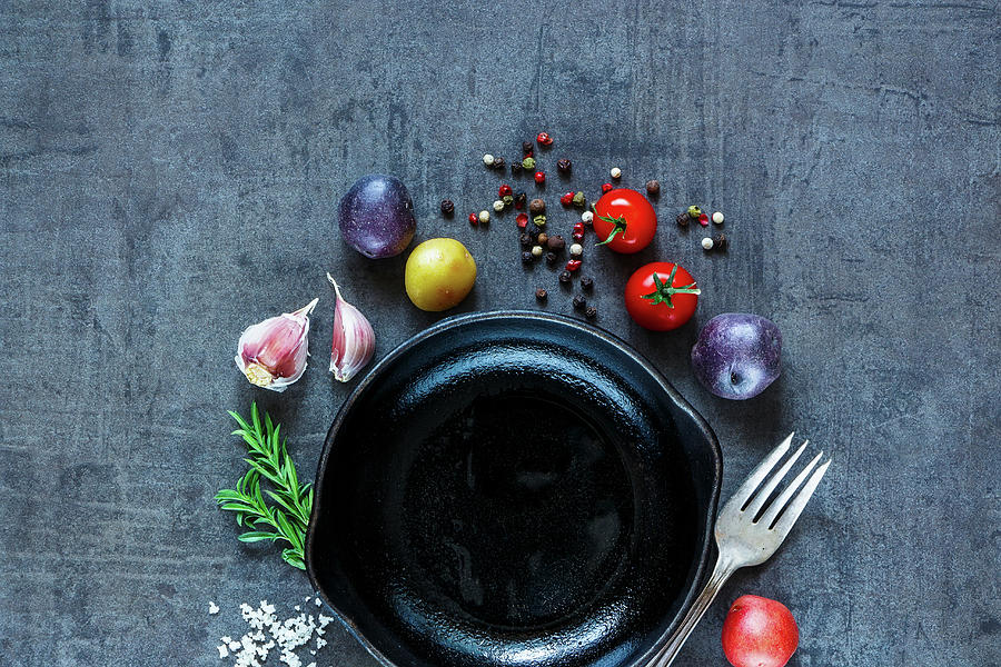Raw Vegetables Background With Various Organic Ingredients potatoes, Tomatoes, Garlic And Spices Over Dark Grunge Table Photograph by Yuliya Gontar