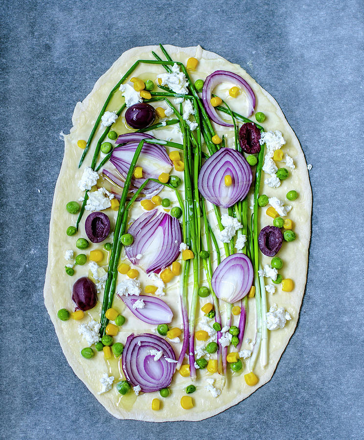 Raw Vegetarian Pizza With Green And Purple Onions, Corn, Green Peas, Hot Peppers, Feta And Olives Photograph by Gorobina