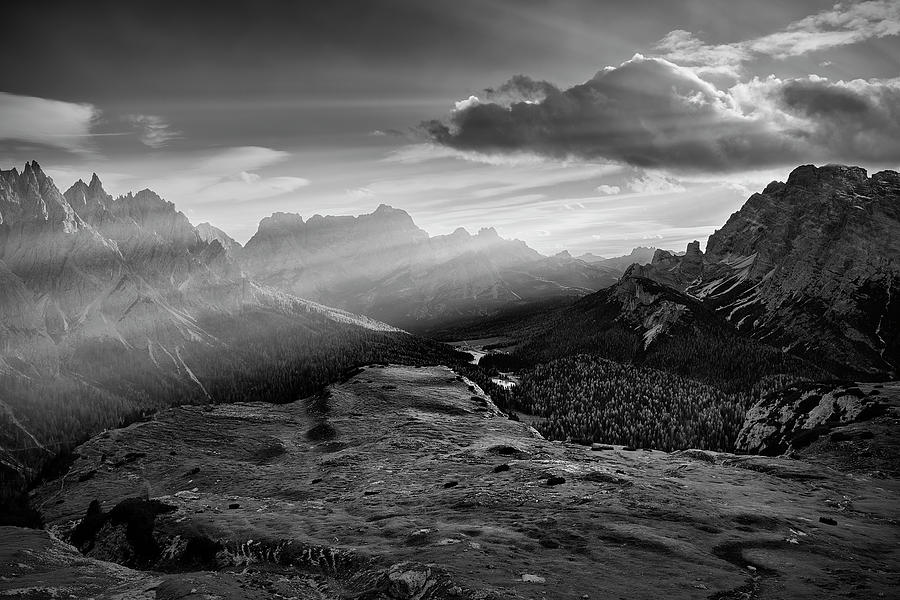 Black And White Photograph - Rays over the Dolomites II by Jon Glaser