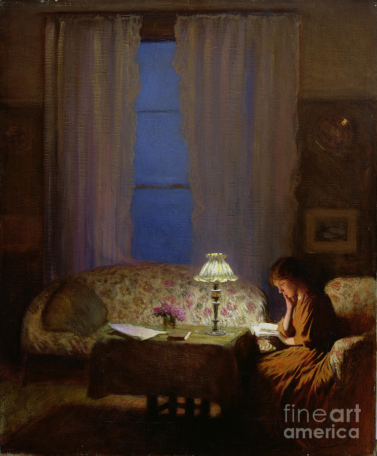Reading By Lamplight Twilight Interior Painting by George Clausen