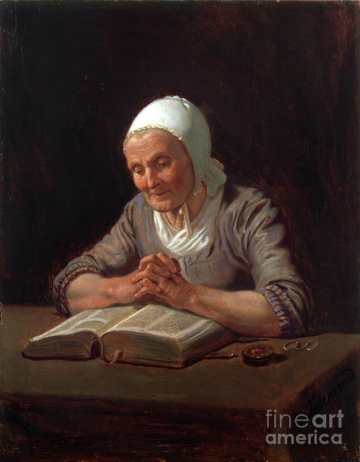 Reading old wife Painting by O Vaering by Adolph Tidemand