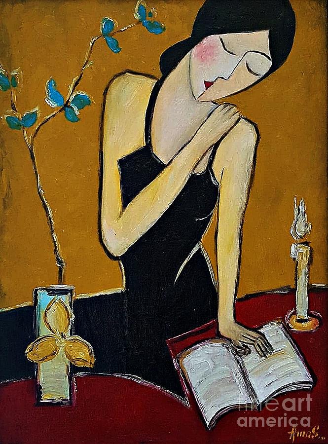 Girl dressed in black dress reading  Painting by Amalia Suruceanu