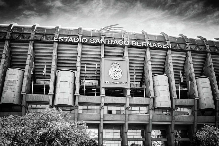 Football Photograph - Real Madrid Santiago Bernabeu Stadium Madrid Spain Black and White by Carol Japp