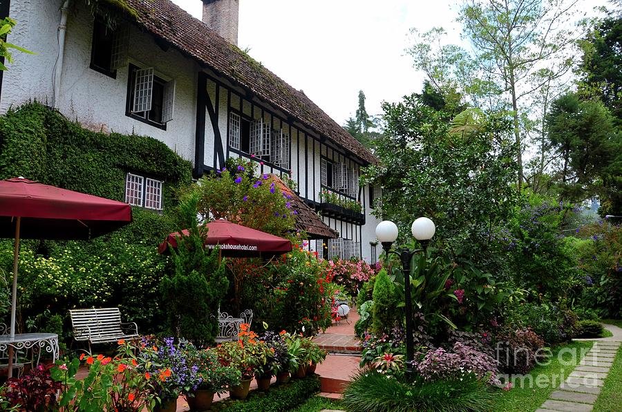 Rear garden and seating area colonial bungalow Ye Olde Smokehouse Hotel Cameron Highlands Malaysia Photograph by Imran Ahmed