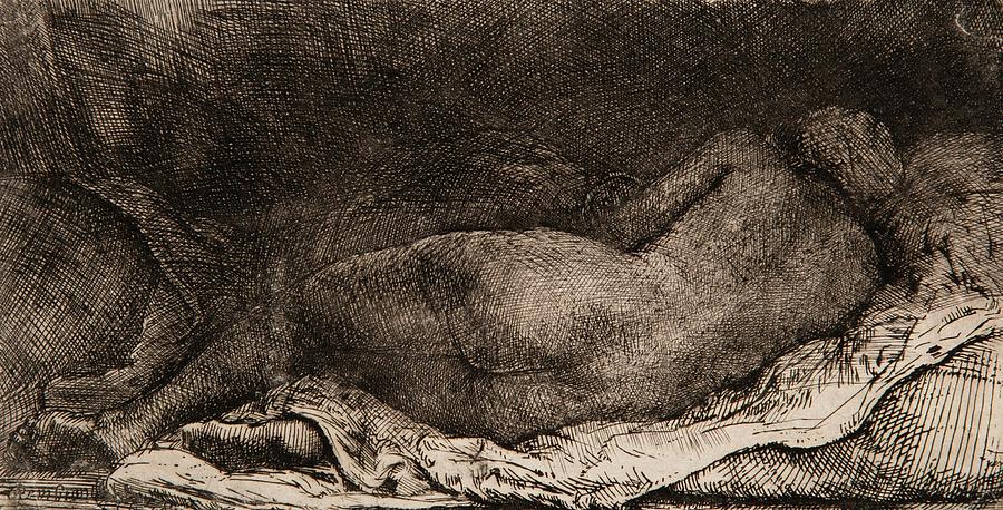 Nude Drawing - Reclining Female Nude by Rembrandt Van Rijn