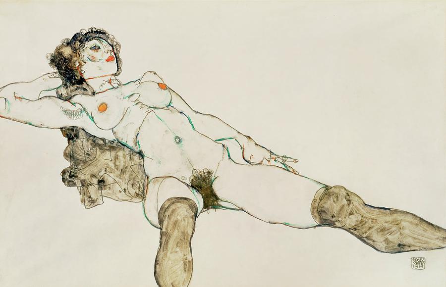 Reclining female nude with legs spread, 1914. Gouache and pencil, 30,4 x 47,2 cm. Painting by Egon Schiele -1890-1918-