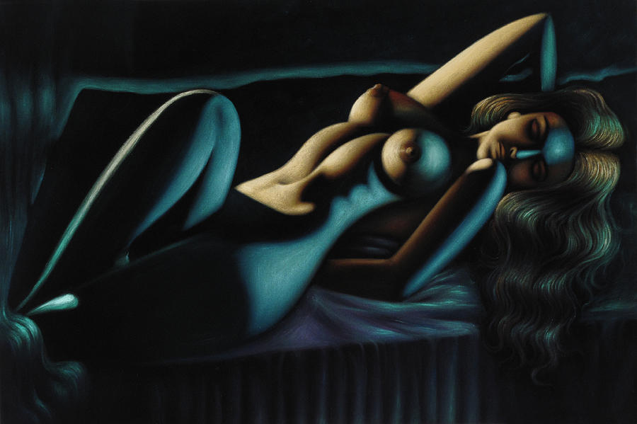 Nude Painting - Reclining sensual nude in night dark blues sexy  blonde woman  by Zenon Jimenez