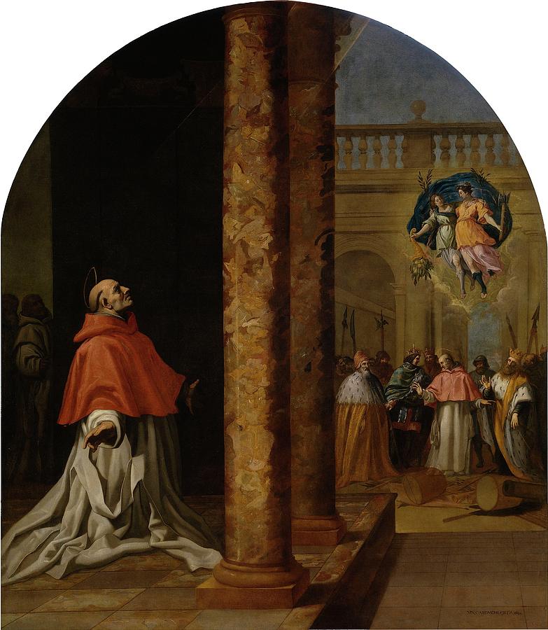 Reconocimiento del cartujo y cardenal San Nicolas Albergati, 1632, Spanish S... Painting by Vincenzo Carducci -c 1576-1638-