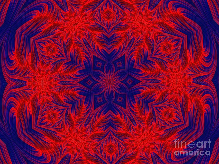 Red and Blue Hearts and Flowers Fractal Mandala Abstract Digital Art by Rose Santuci-Sofranko