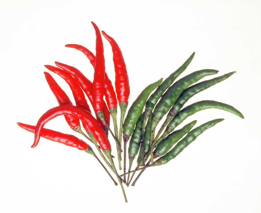 Red And Green Chilli Peppers On White Background Photograph by Jalag / Lutz Hiller