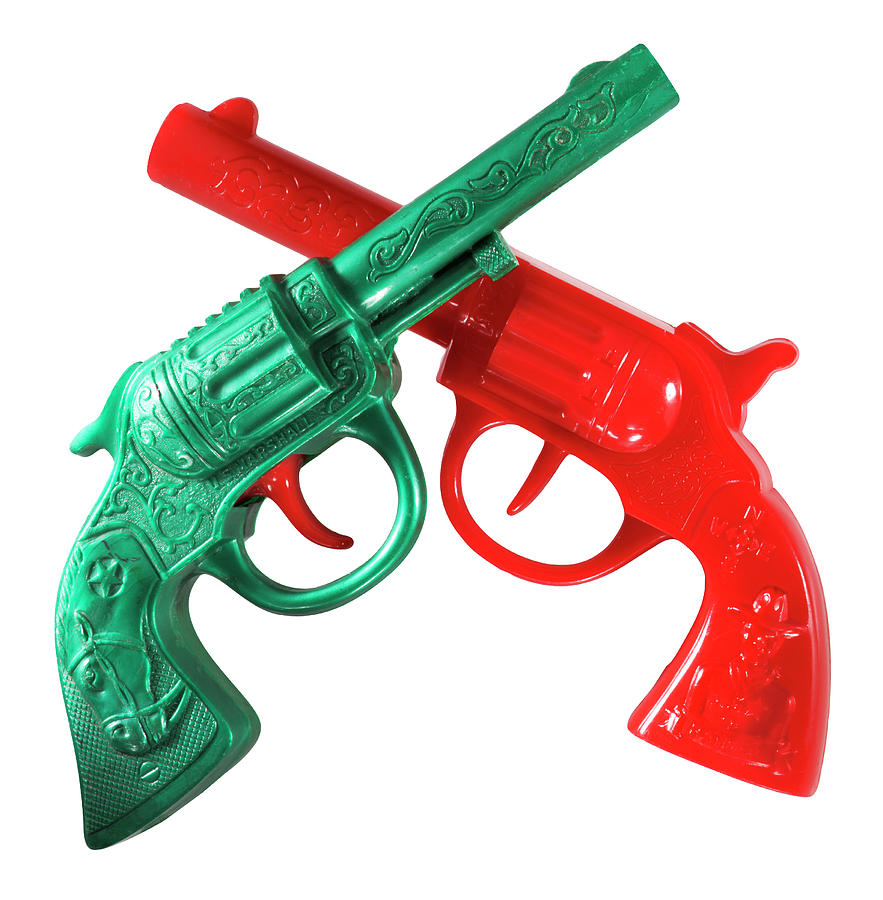 Vintage Drawing - Red and Green Handguns Crossed by CSA Images